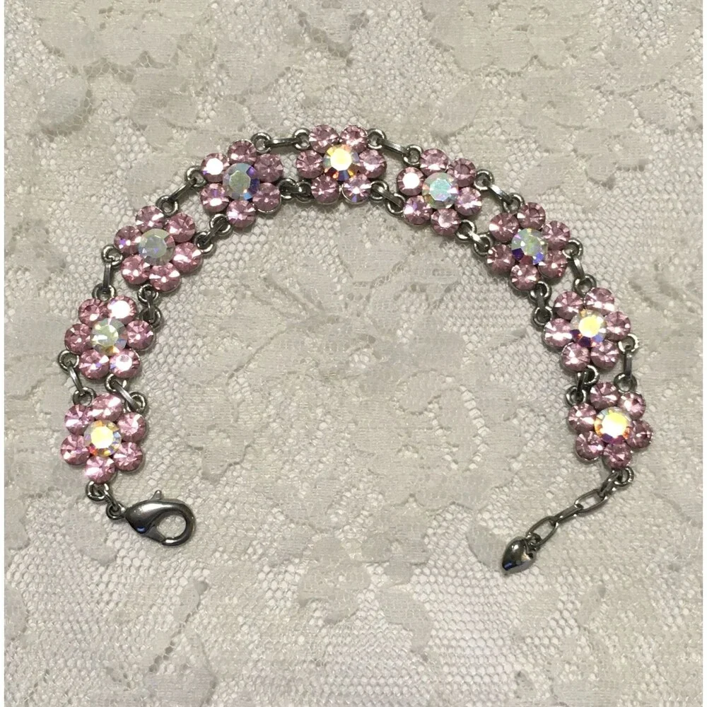 Rhinestone Floral Chain Bracelet Pink AB Stones Silver tone Coquette girl style